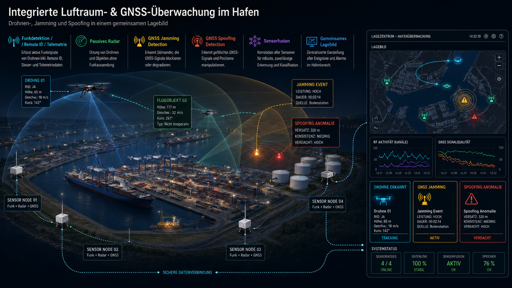 Integrierte Hafenüberwachung mit Drohnendetektion und GNSS Jamming- und Spoofing-Erkennung