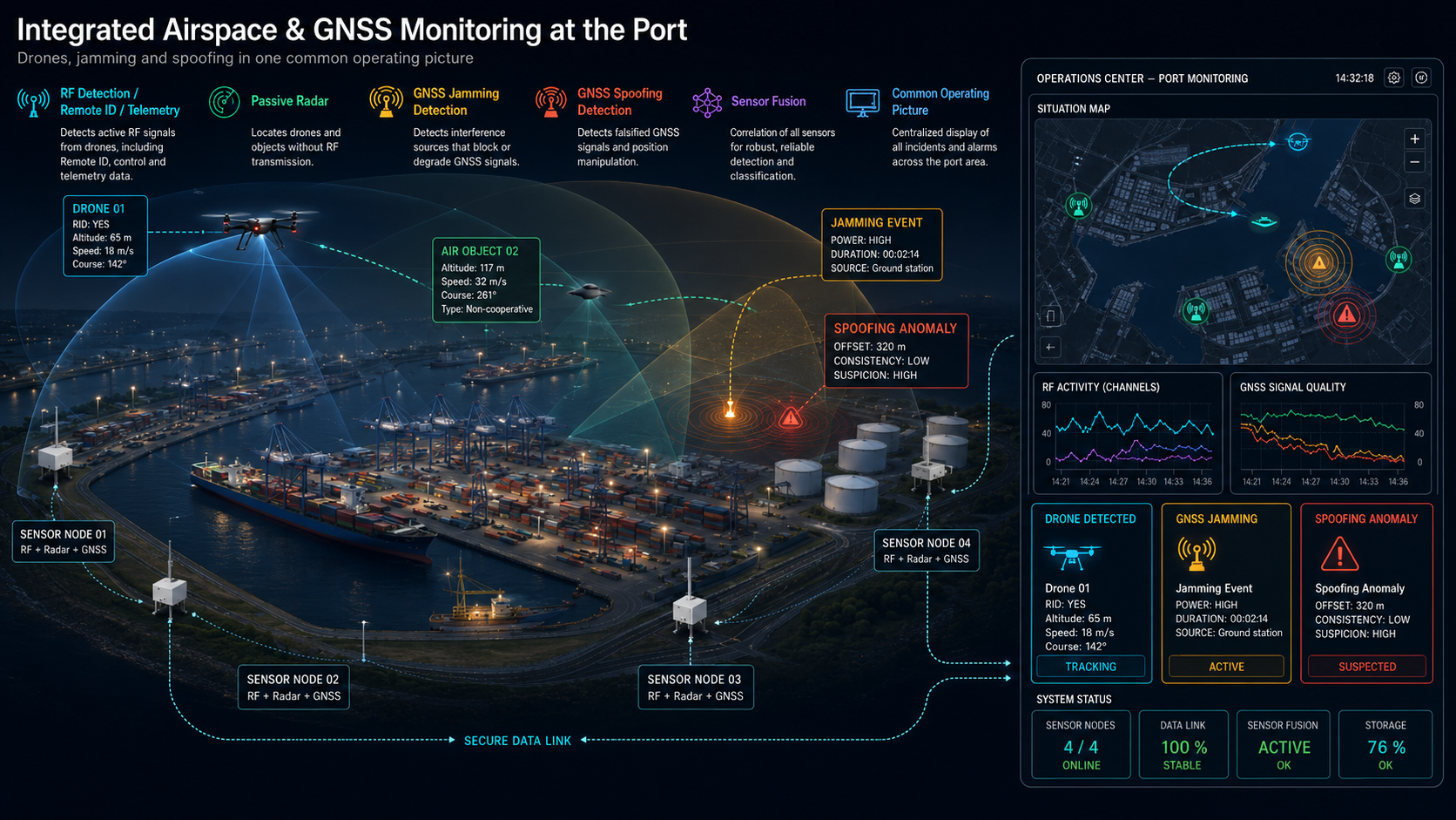Integrated port monitoring with drone detection and GNSS jamming and spoofing detection